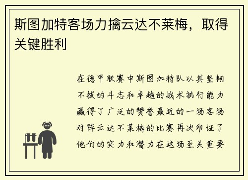 斯图加特客场力擒云达不莱梅，取得关键胜利